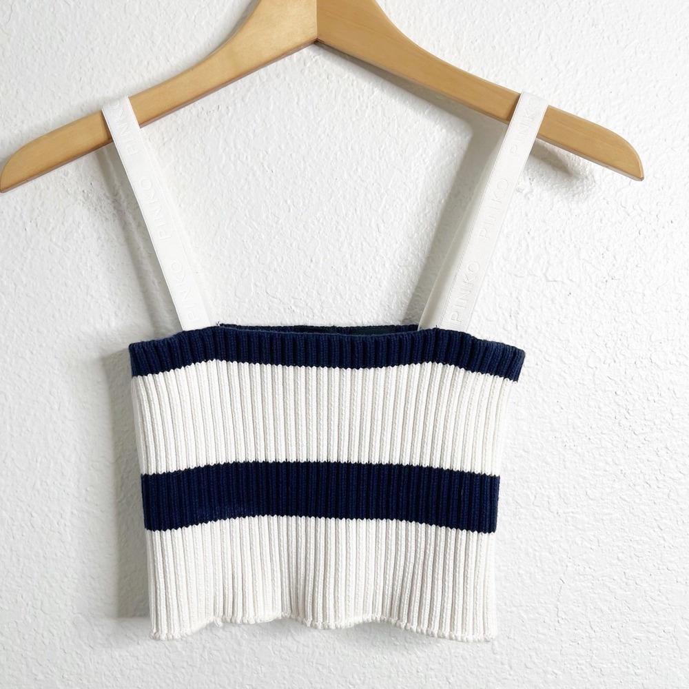 Pinko Womens Ribbed Knit Striped Crop Top Logo Straps Navy White Sleeveless‎
